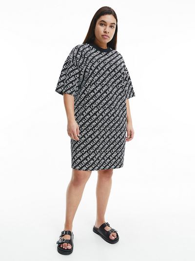 Calvin Klein Ruhák HU055846 | Calvin Klein Plus Size All-Over Logo Női Pólóruha Fekete / Fehér